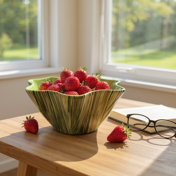 VTG MCM Scalloped Bowl – Hand-Painted Striped Pottery, Green Interior - Picture 2 of 12
